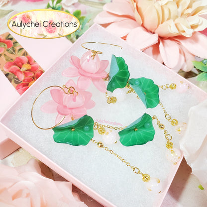 Light Pink Lotus Flower Dangle Earrings