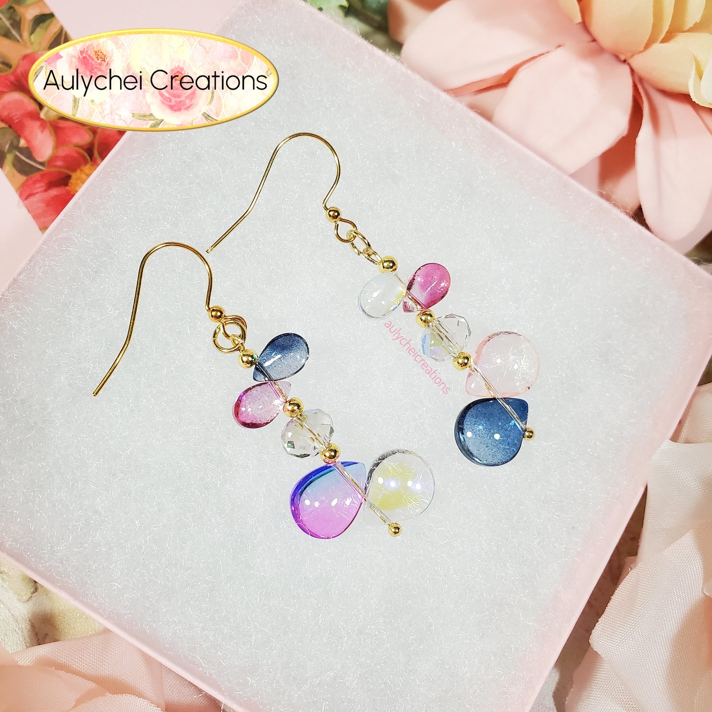 Multi-Color Glass Water Beads Dangle Earrings 01