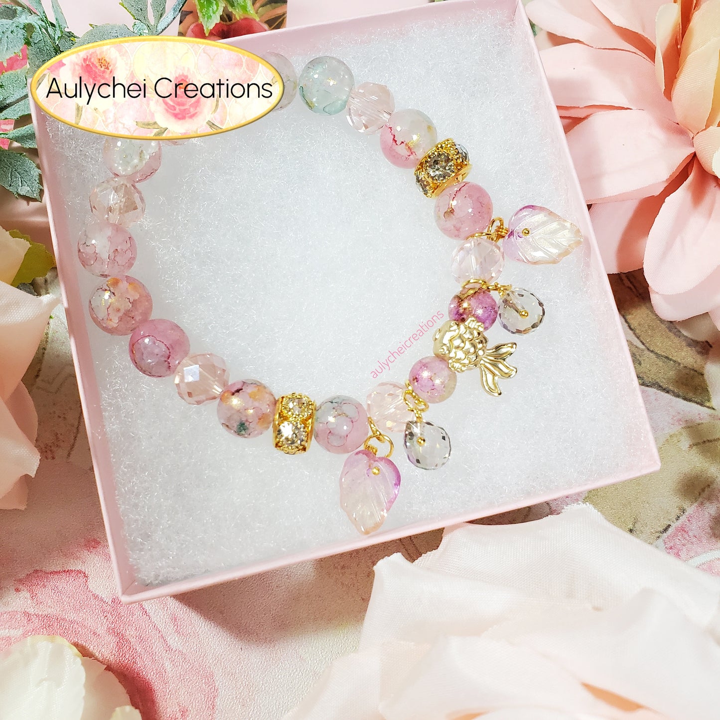 Pink Glass Beaded Goldfish Charm Bracelet