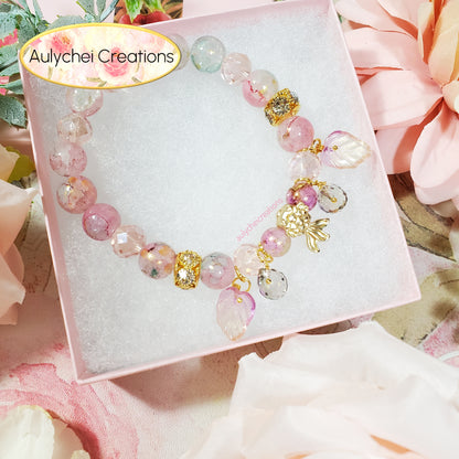 Pink Glass Beaded Goldfish Charm Bracelet