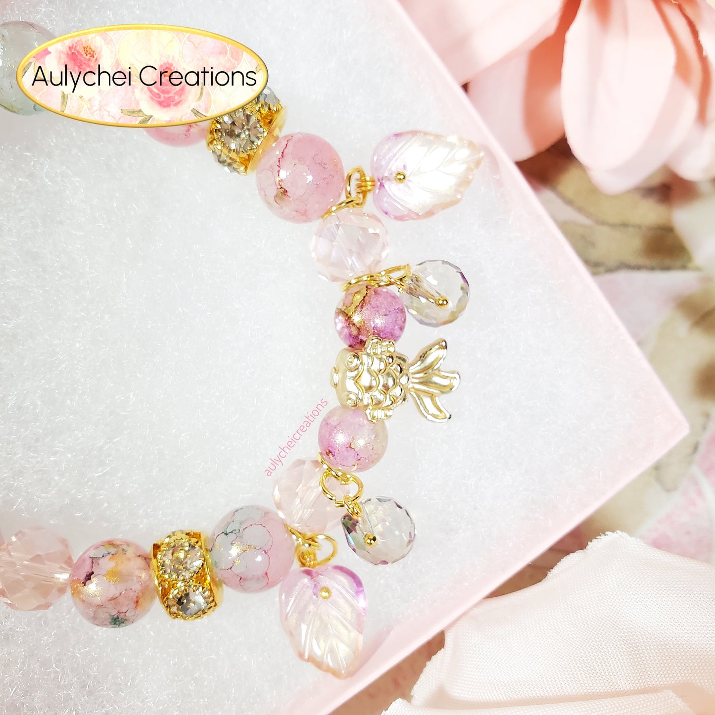 Pink Glass Beaded Goldfish Charm Bracelet