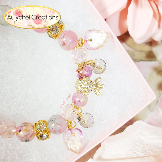 Pink Glass Beaded Goldfish Charm Bracelet