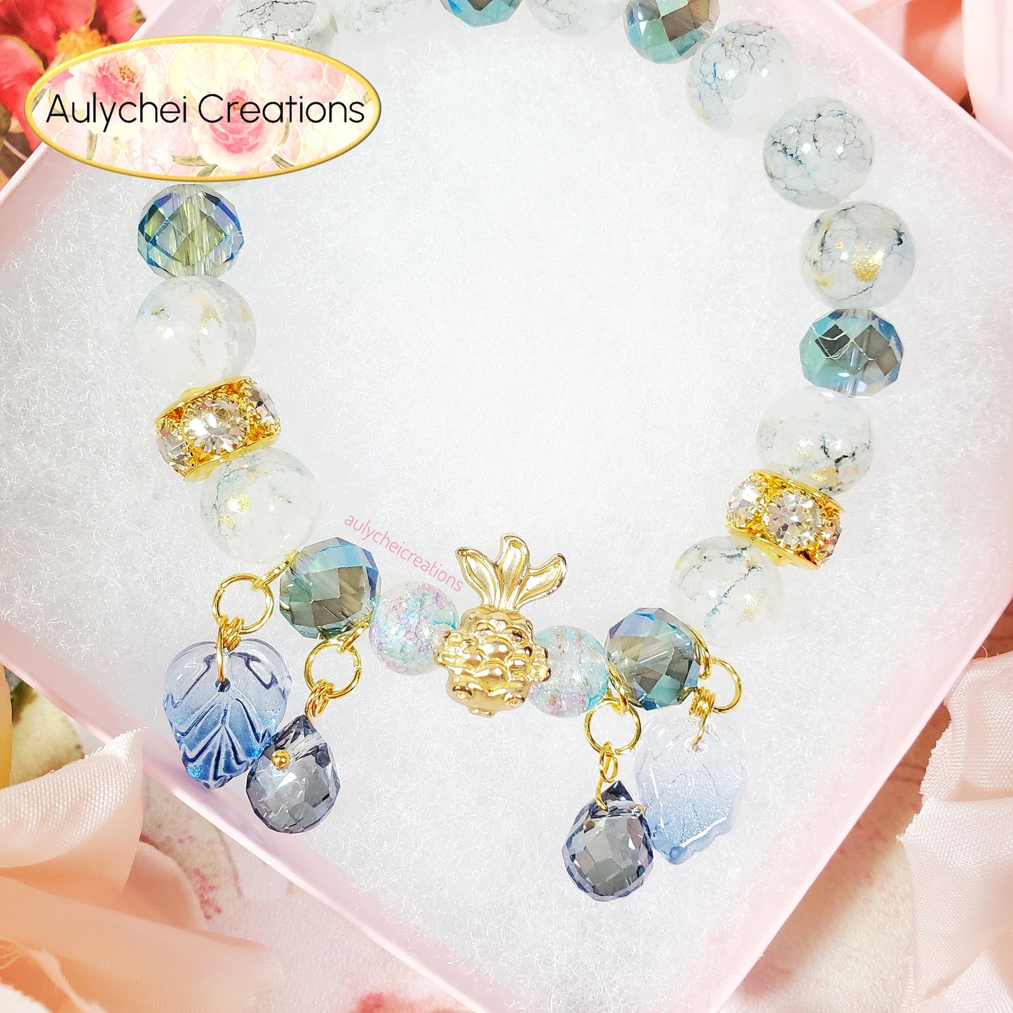 Blue Glass Beaded Goldfish Charm Bracelet