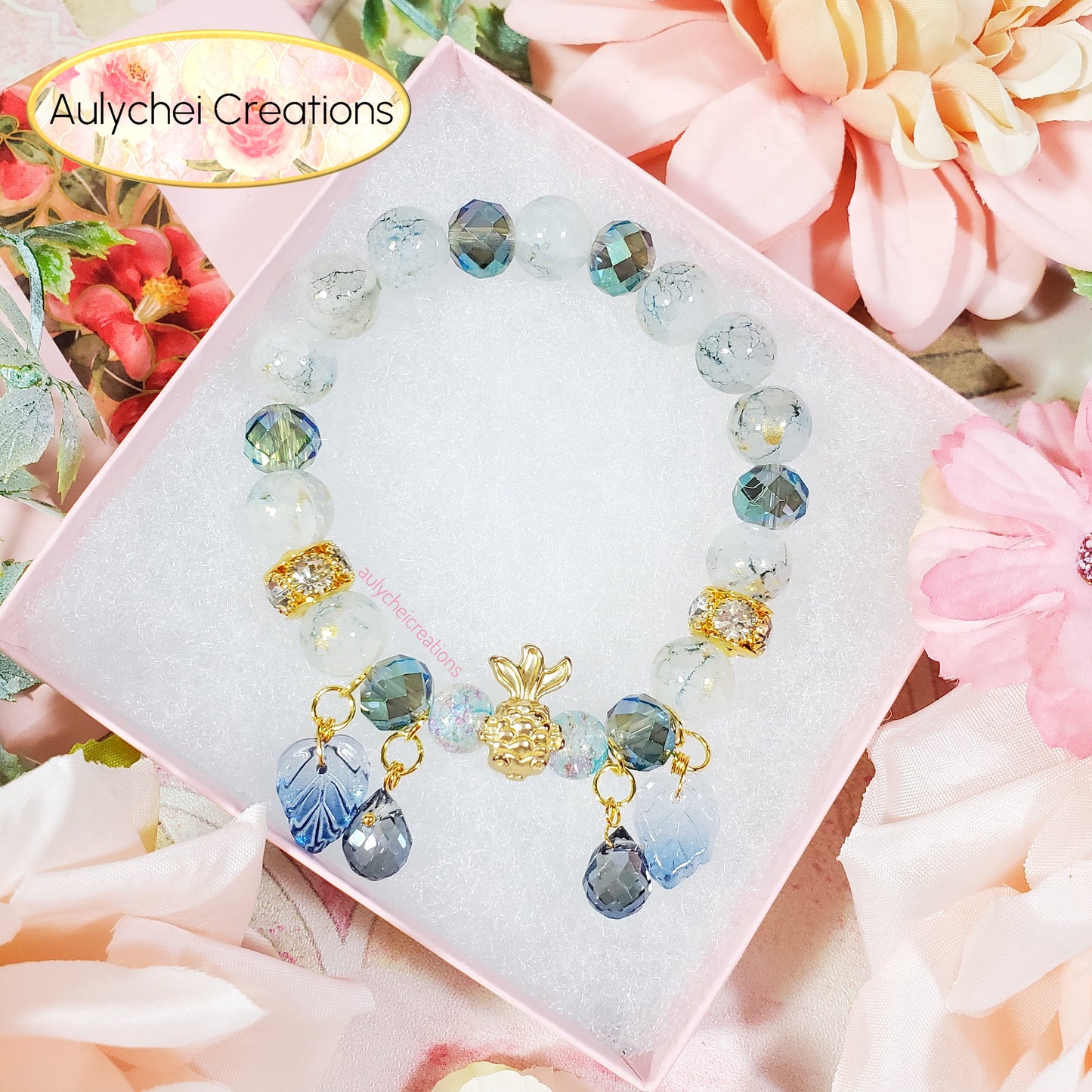 Blue Glass Beaded Goldfish Charm Bracelet