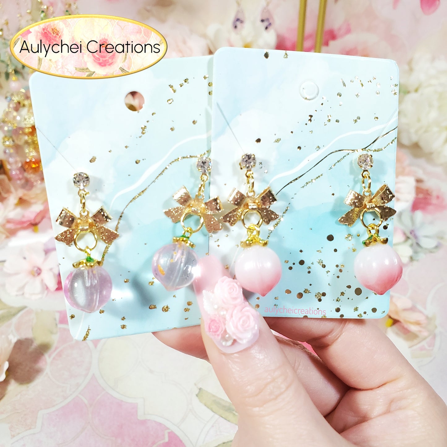 Clear Pink Glass Peach Stud Earrings