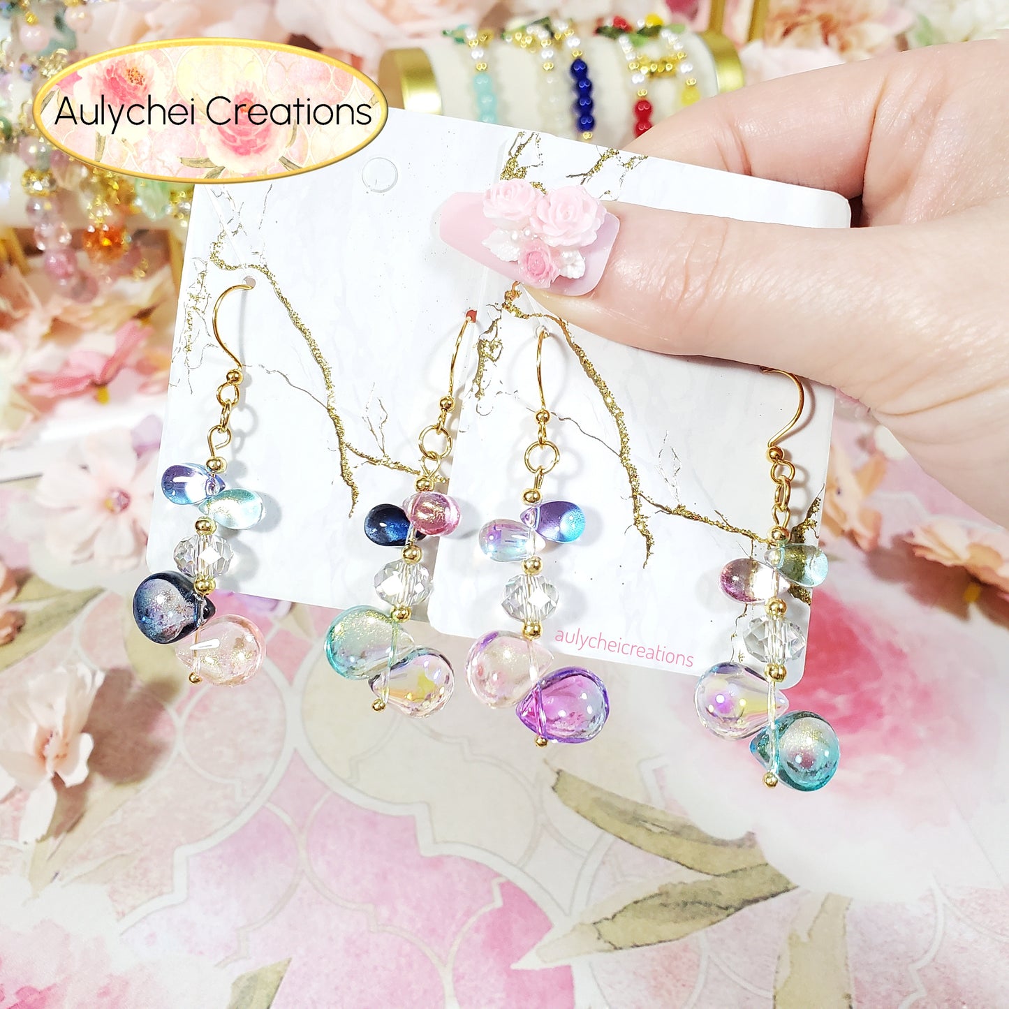 Multi-Color Glass Water Beads Dangle Earrings 01