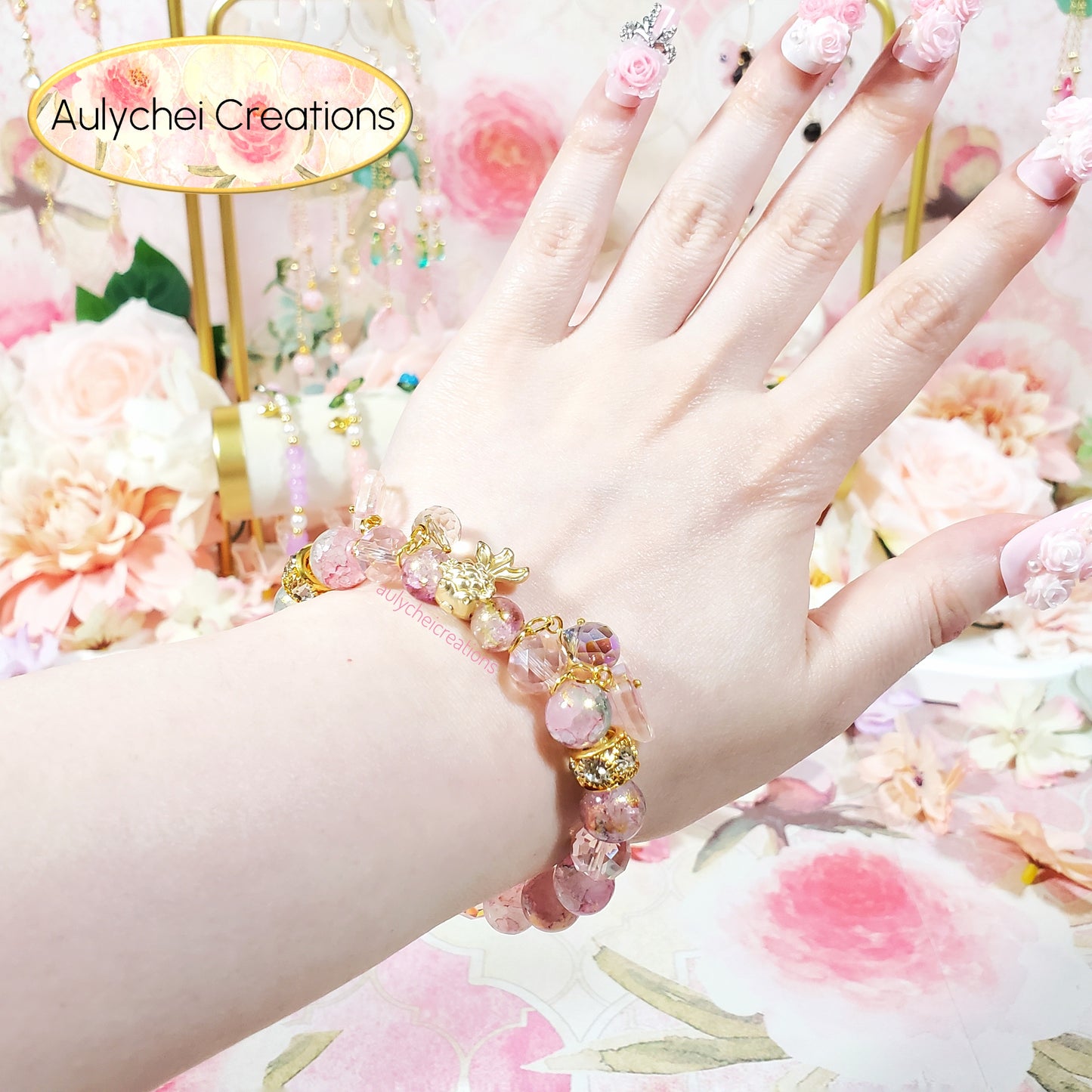 Pink Glass Beaded Goldfish Charm Bracelet