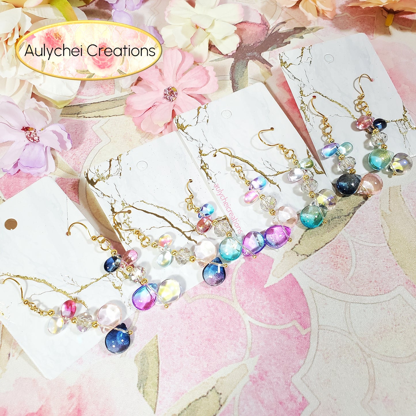 Multi-Color Glass Water Beads Dangle Earrings 01