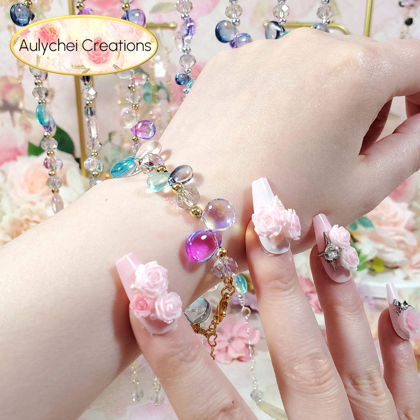 Glass Water Bead Gold Chain Bracelet 04