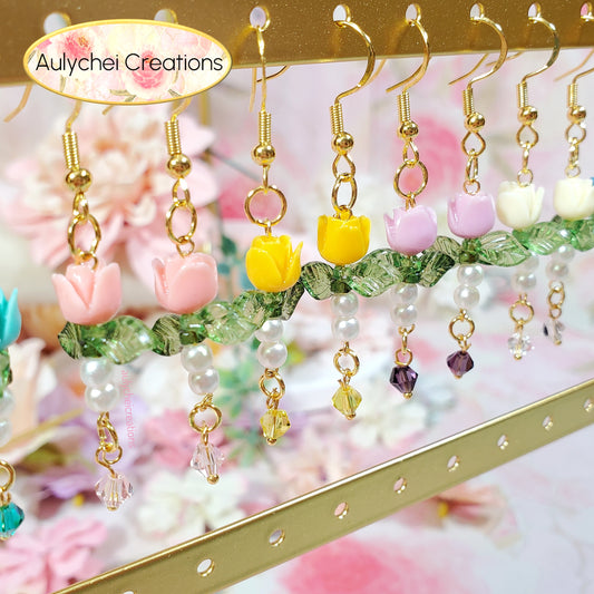 Pink Rose Bud Crystal Drop Earrings