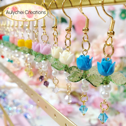 Red Rose Bud Crystal Drop Earrings