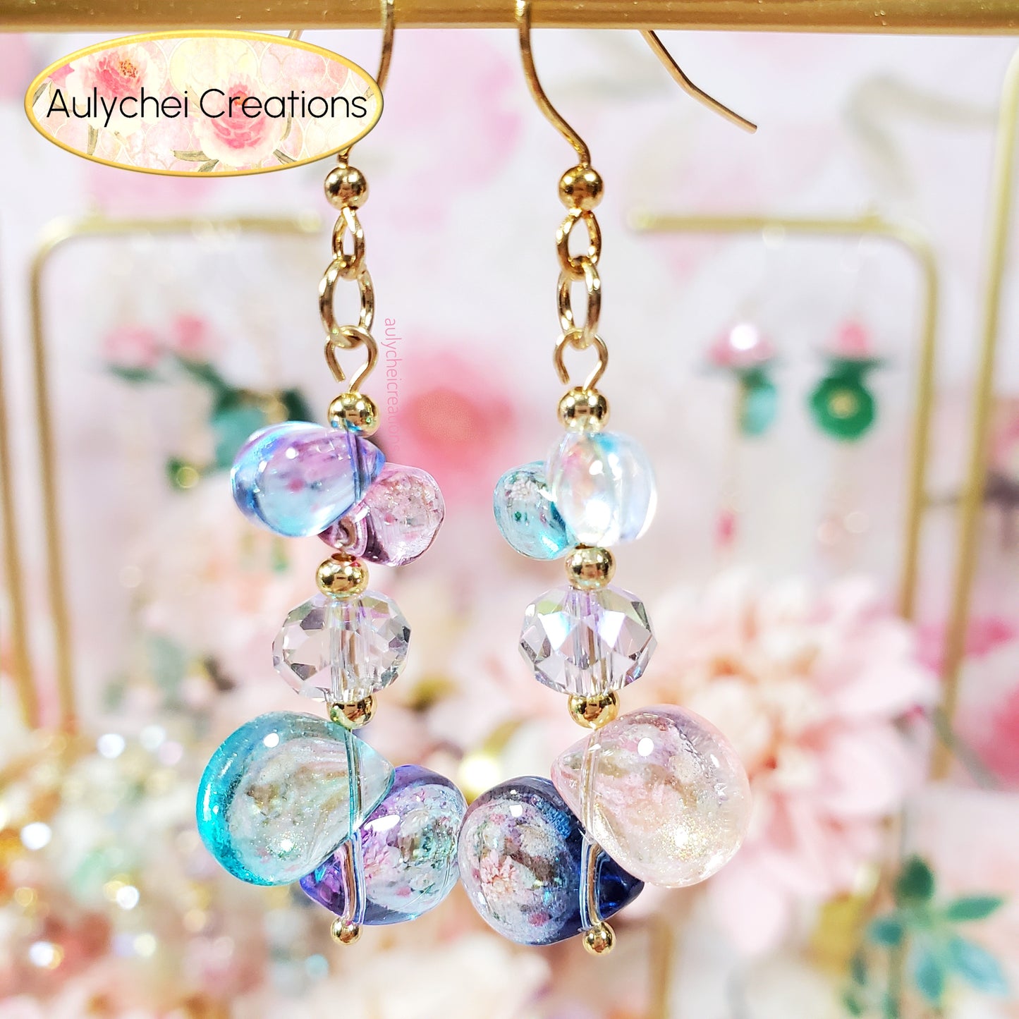 Multi-Color Glass Water Beads Dangle Earrings 01