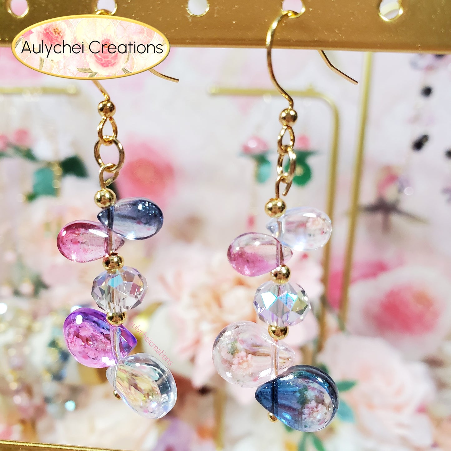 Multi-Color Glass Water Beads Dangle Earrings 01