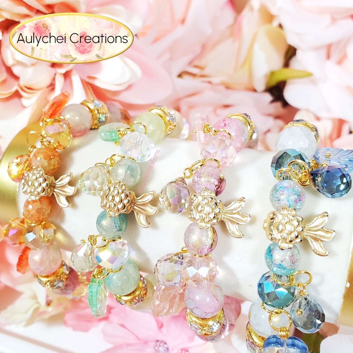 Pink Glass Beaded Goldfish Charm Bracelet