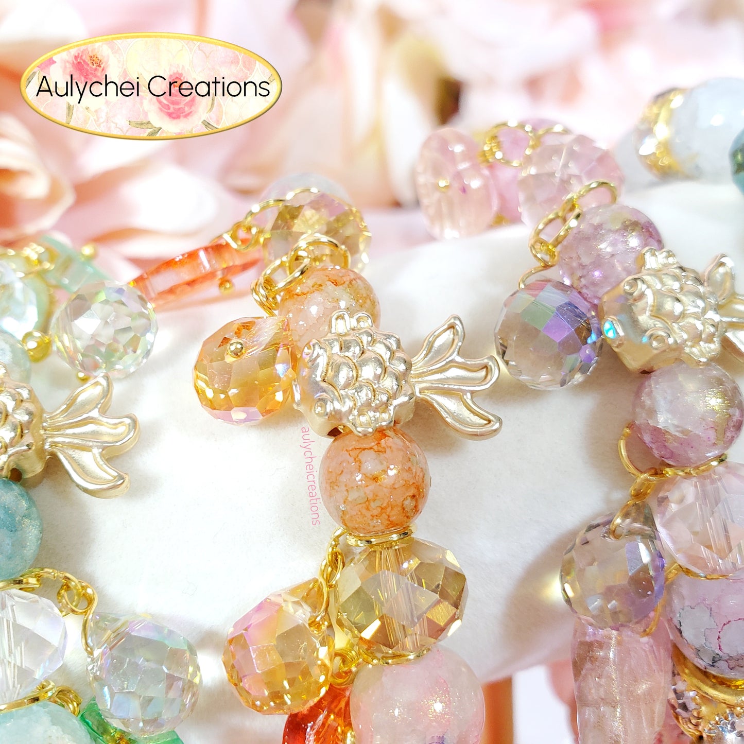 Pink Glass Beaded Goldfish Charm Bracelet