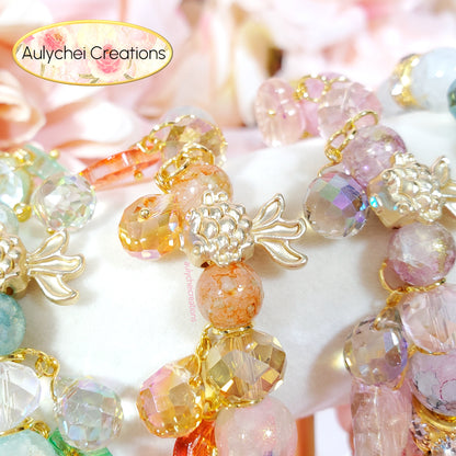 Pink Glass Beaded Goldfish Charm Bracelet