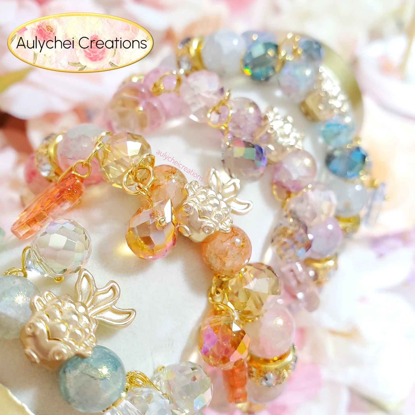 Pink Glass Beaded Goldfish Charm Bracelet