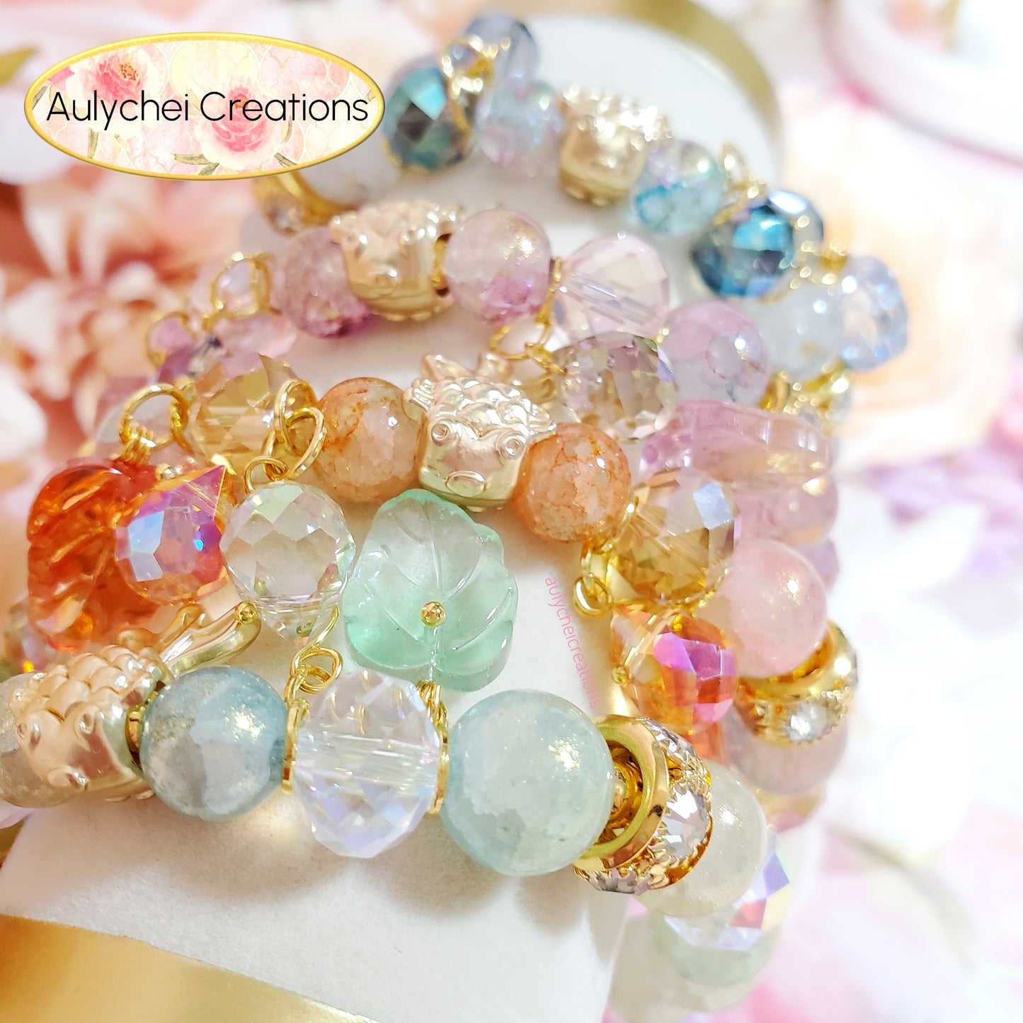 Pink Glass Beaded Goldfish Charm Bracelet