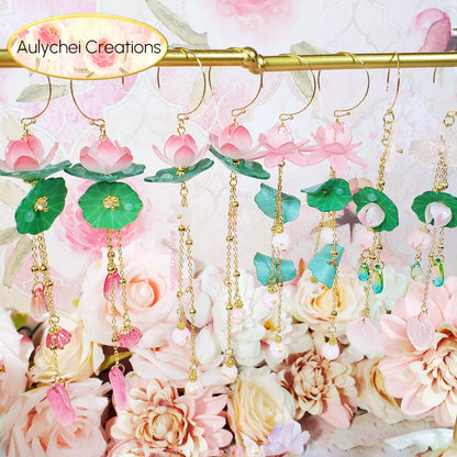 Pink Lotus Flower Dangle Earrings