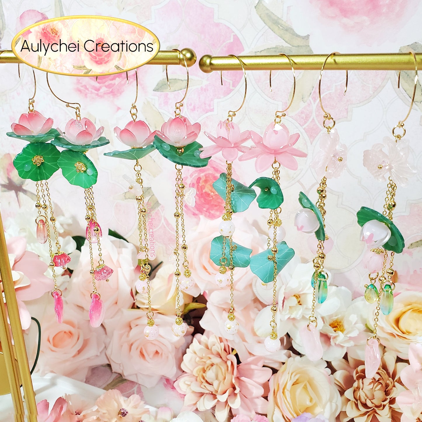 Pink Lotus Flower Dangle Earrings