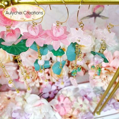 Pink Lotus Flower Dangle Earrings
