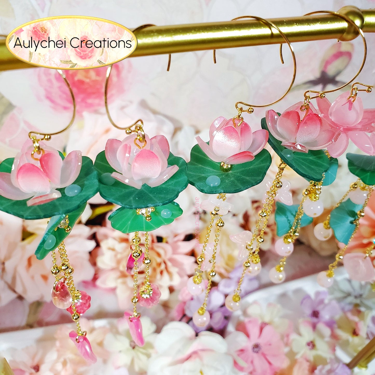 Pink Lotus Flower Dangle Earrings