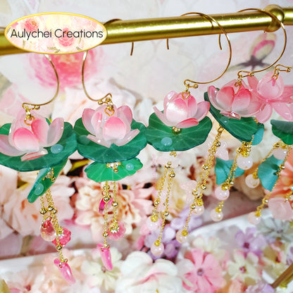 Pink Lotus Flower Dangle Earrings
