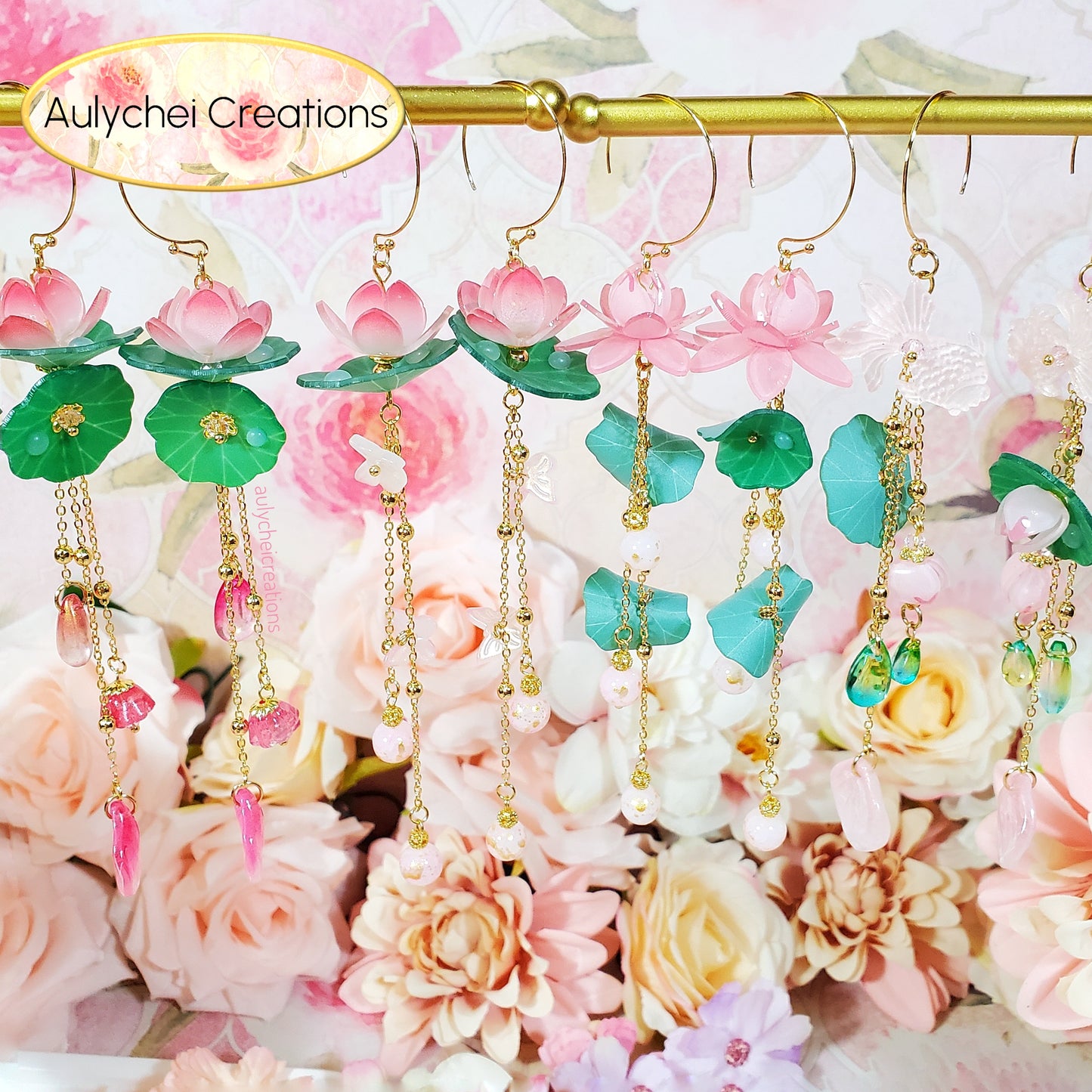 Pink Lotus Flower Dangle Earrings