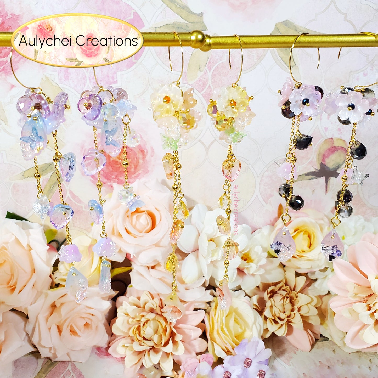 Golden Fairy Glass Flower Dangle Earrings