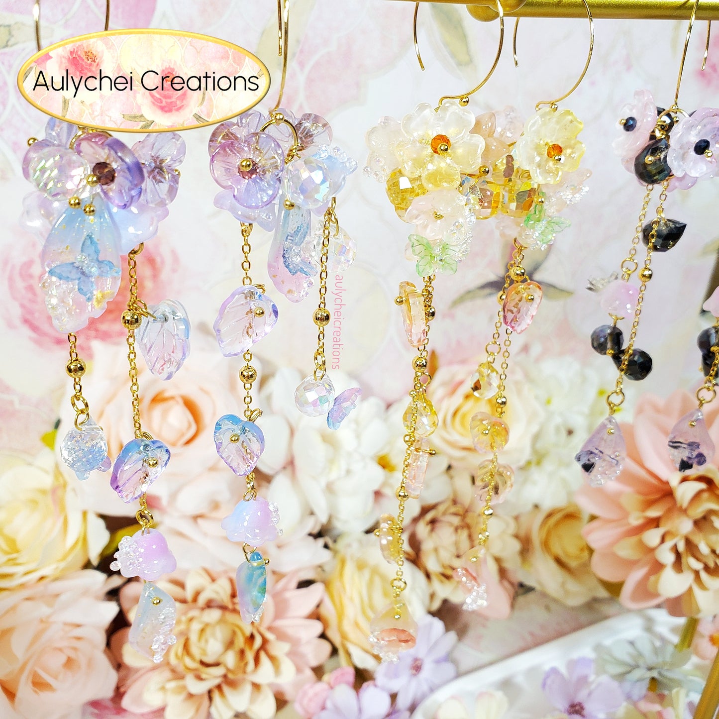Golden Fairy Glass Flower Dangle Earrings