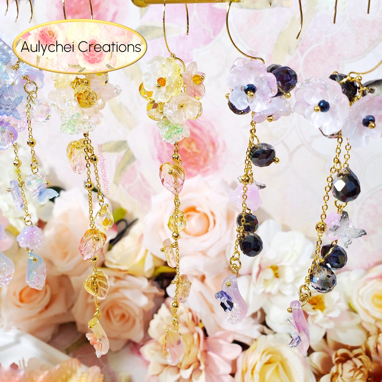 Golden Fairy Glass Flower Dangle Earrings