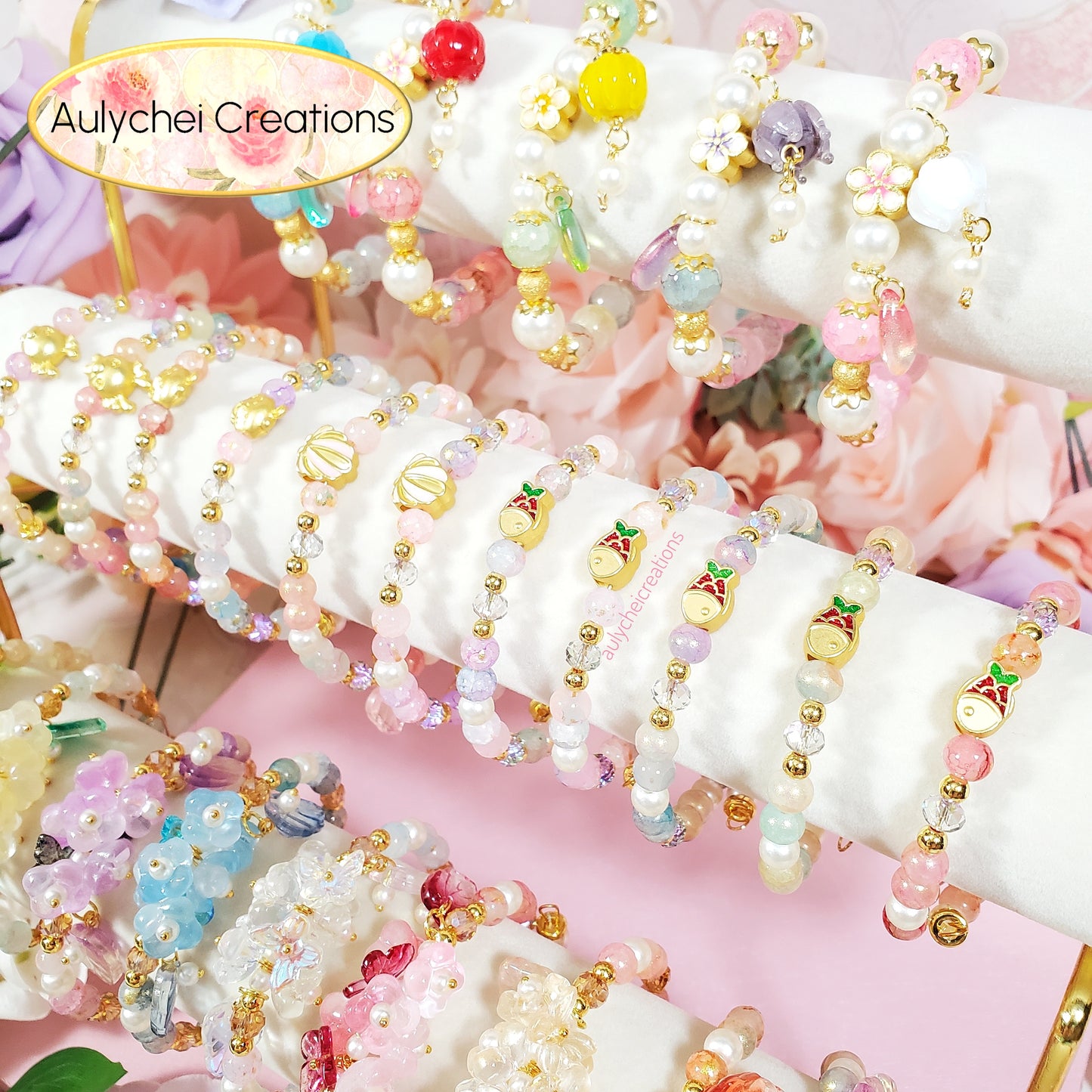 Violet Glass Beaded Enamel Goldfish Wrap Bracelet