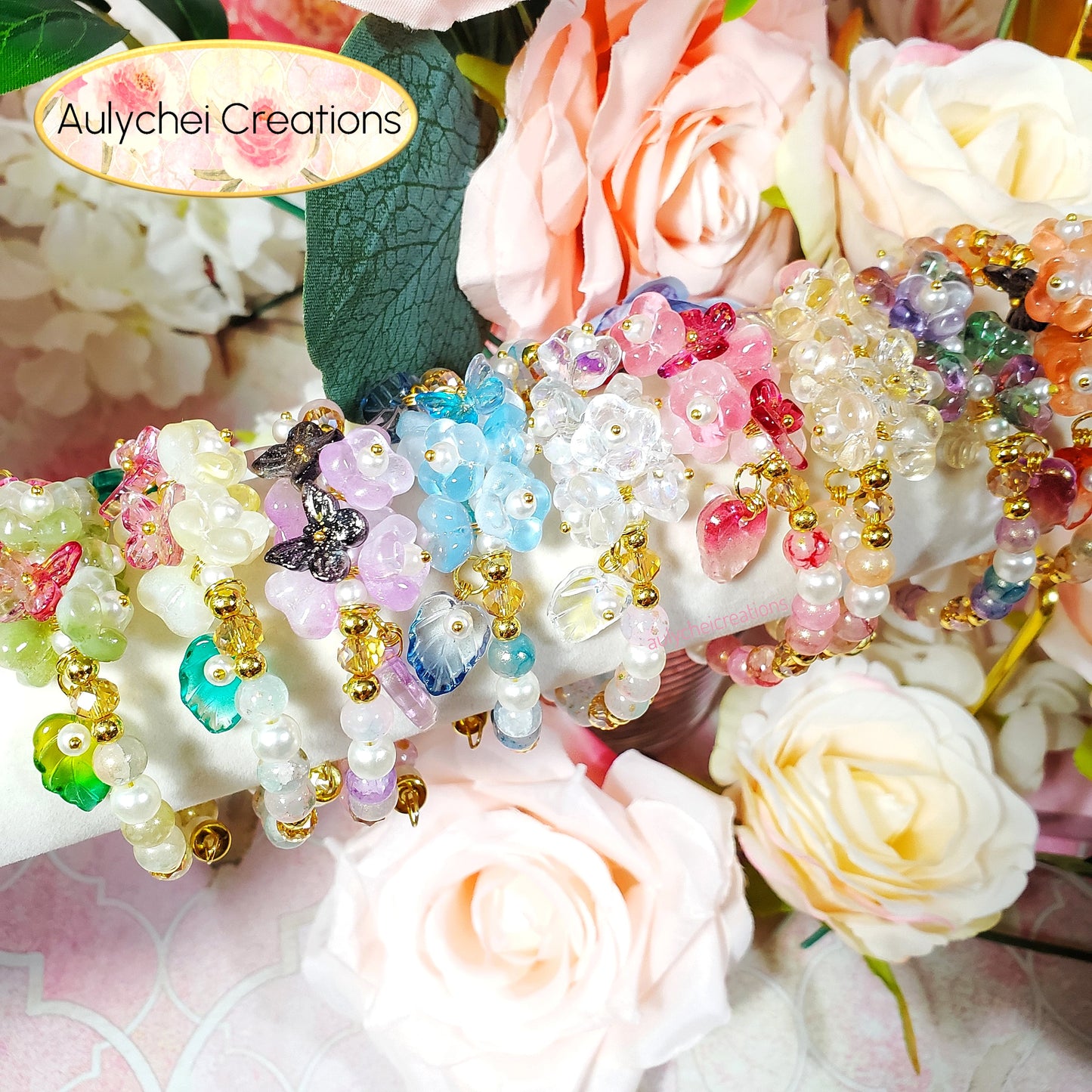 Violet Glass Flower and Butterfly Beaded Wrap Bracelet