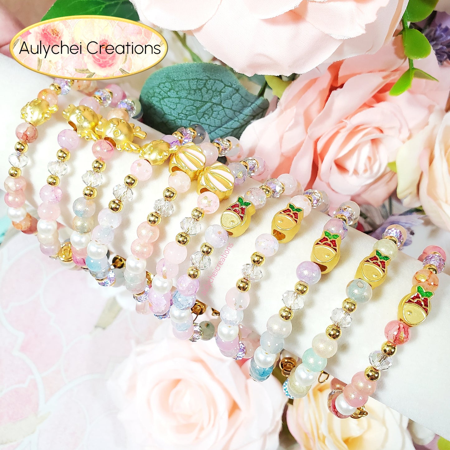 Violet Glass Beaded Enamel Goldfish Wrap Bracelet