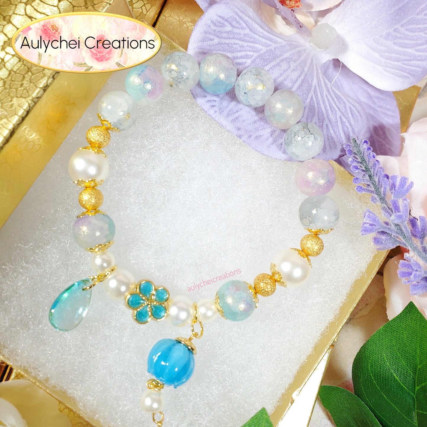 Blue Glass Lantern Beaded Charm Bracelet