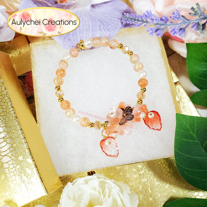 Orange Glass Flower and Butterfly Beaded Wrap Bracelet