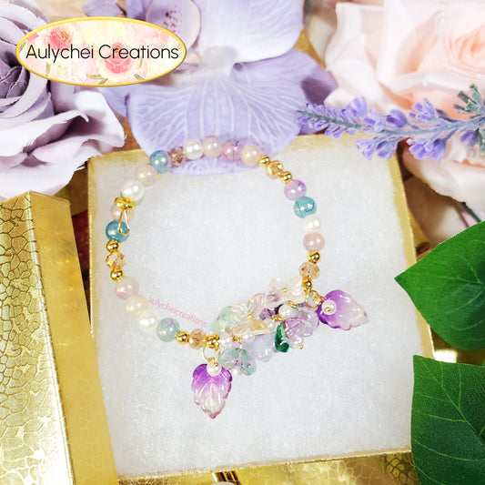 Purple Glass Flower and Butterfly Beaded Wrap Bracelet