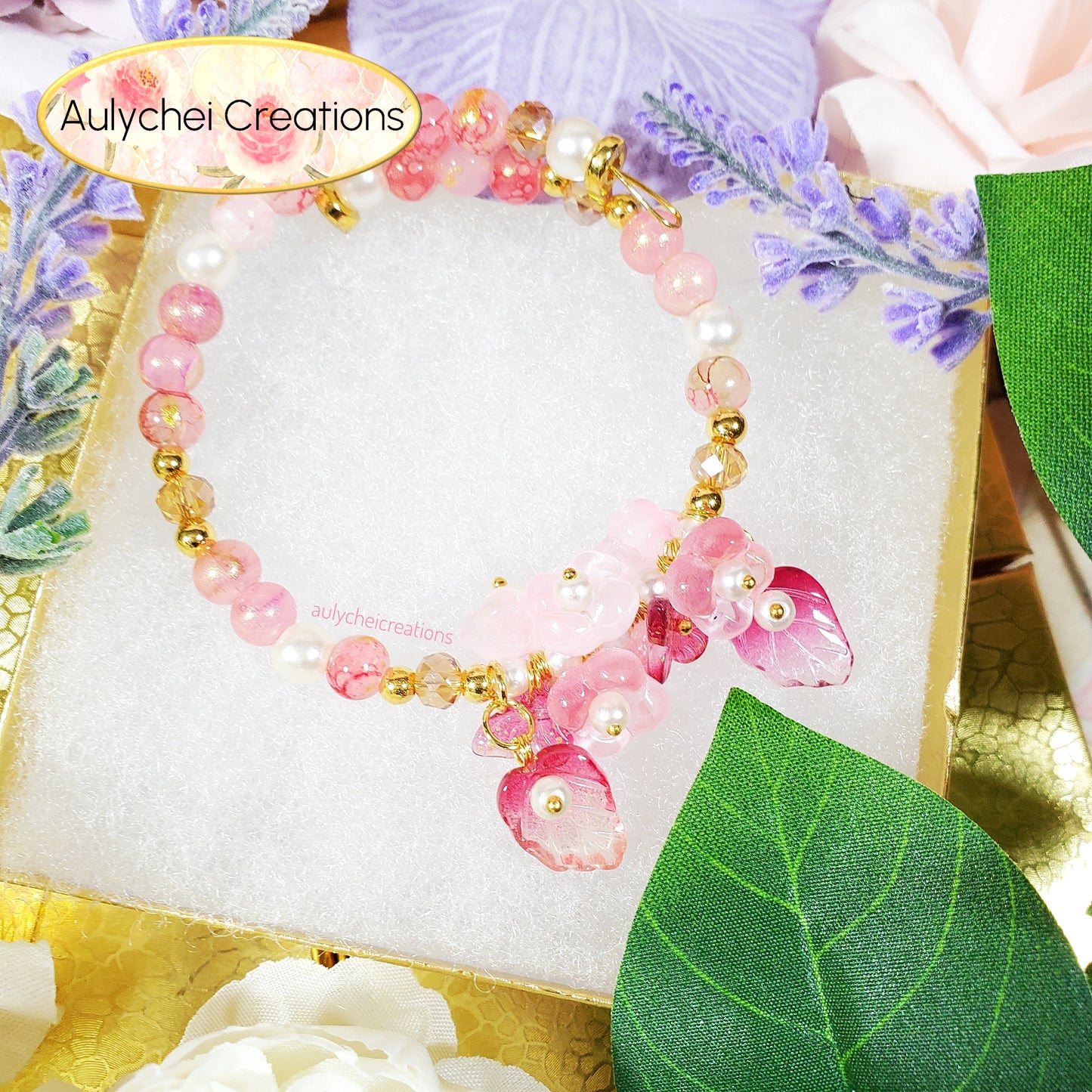 Pink Glass Flower and Butterfly Beaded Wrap Bracelet