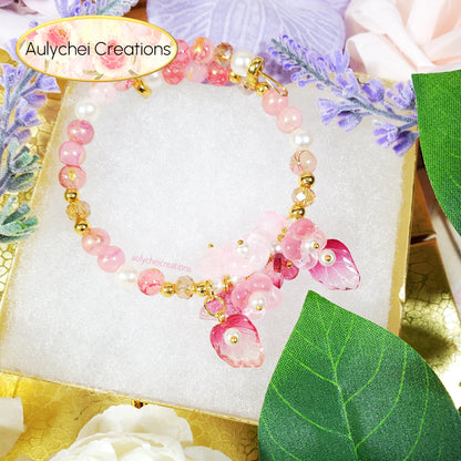 Pink Glass Flower and Butterfly Beaded Wrap Bracelet