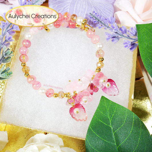 Pink Glass Flower and Butterfly Beaded Wrap Bracelet