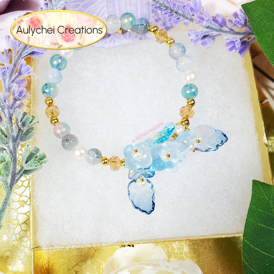 Blue Glass Flower and Butterfly Beaded Wrap Bracelet