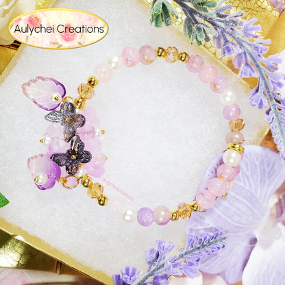 Violet Glass Flower and Butterfly Beaded Wrap Bracelet