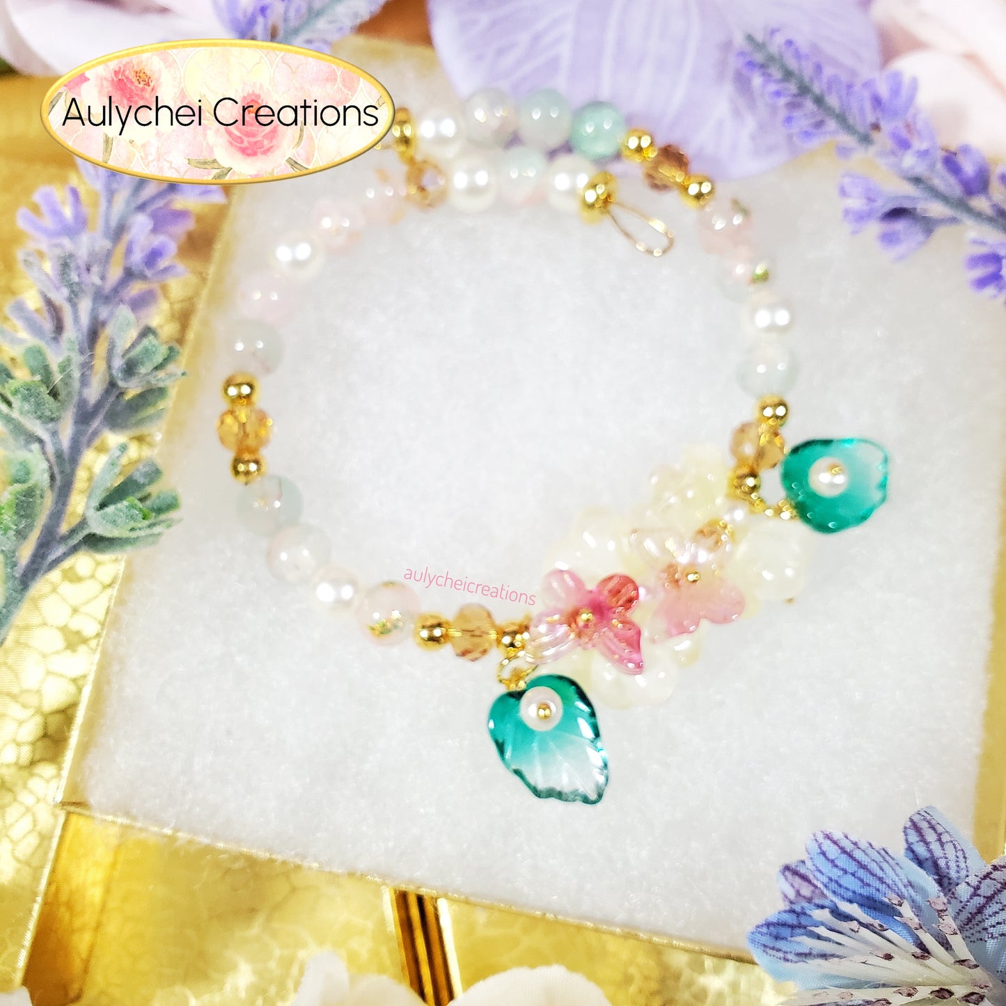 Ivory Glass Flower and Butterfly Beaded Wrap Bracelet