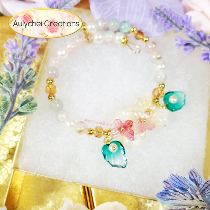 Ivory Glass Flower and Butterfly Beaded Wrap Bracelet