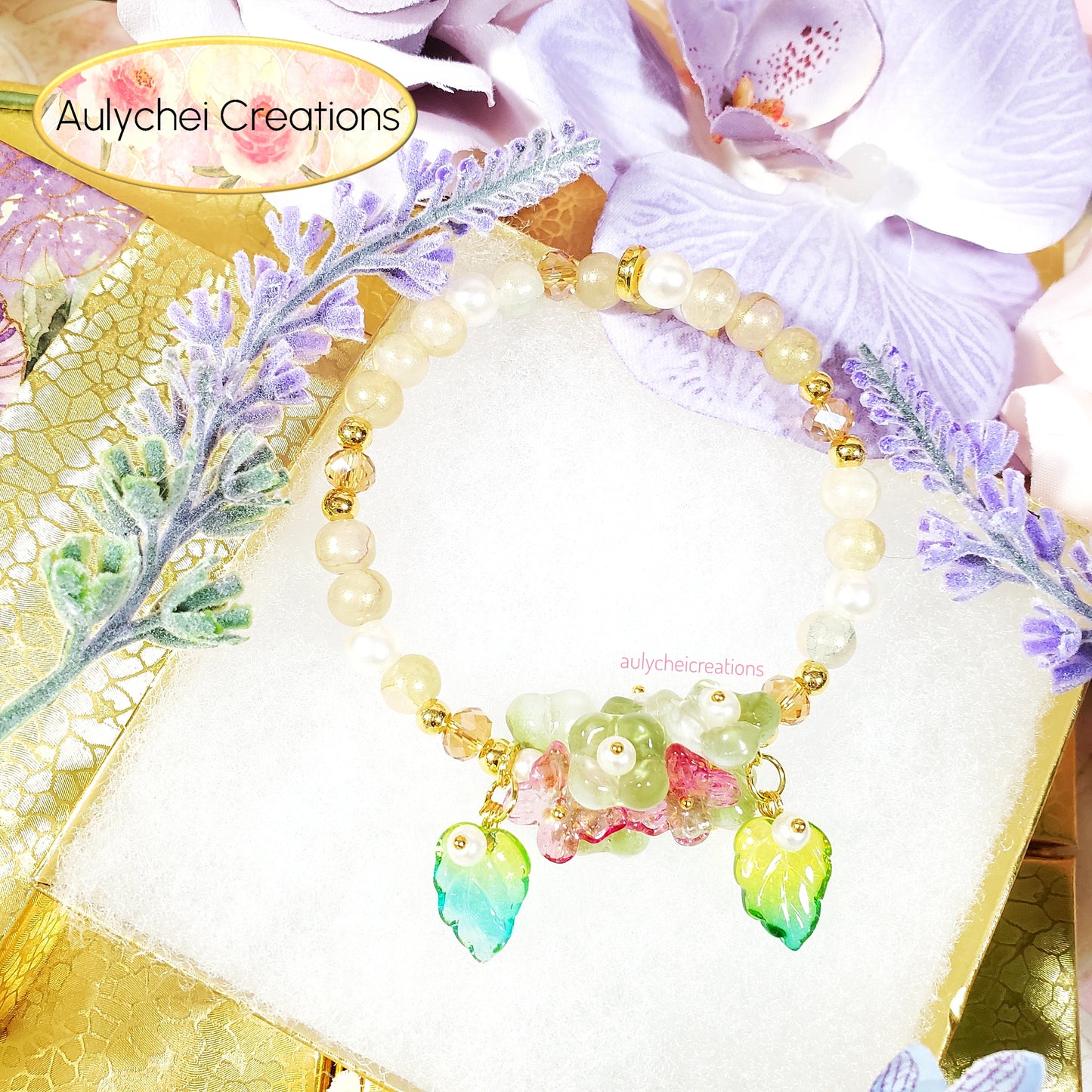 Beige Glass Flower and Butterfly Beaded Wrap Bracelet