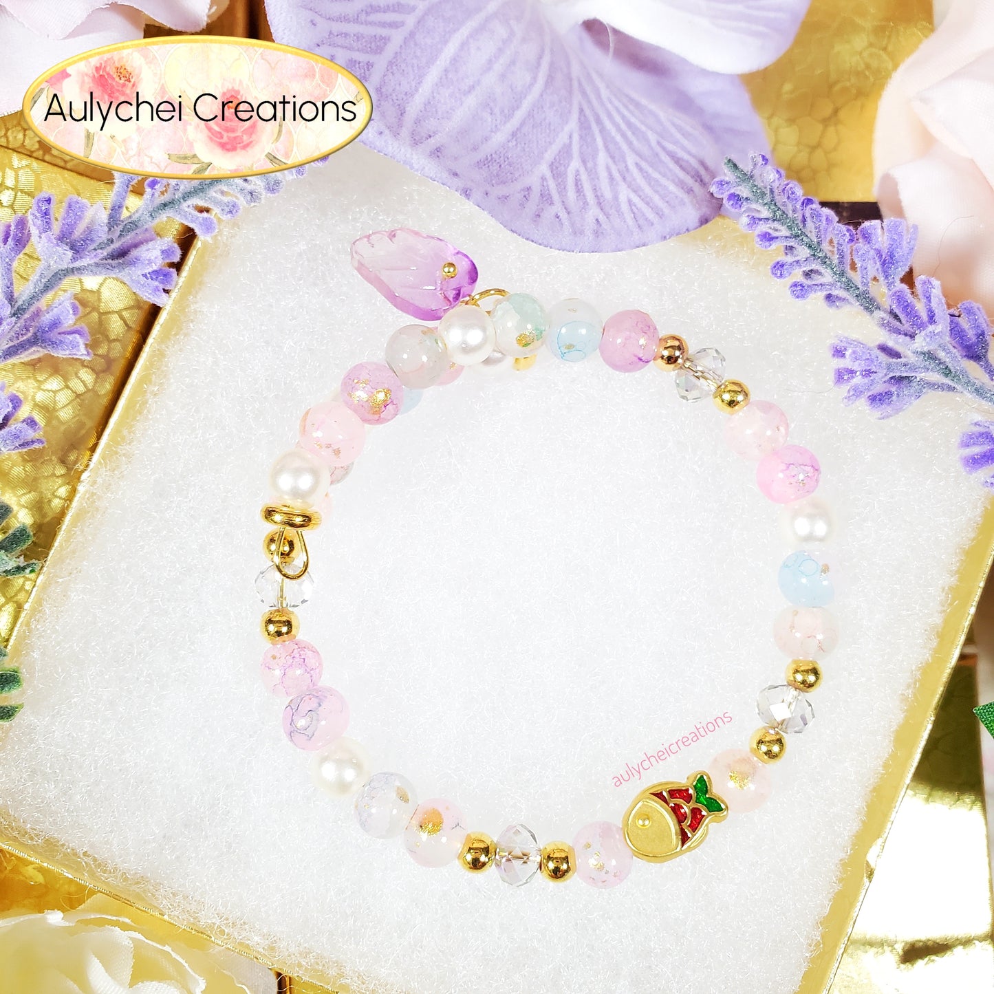 Violet Glass Beaded Enamel Goldfish Wrap Bracelet