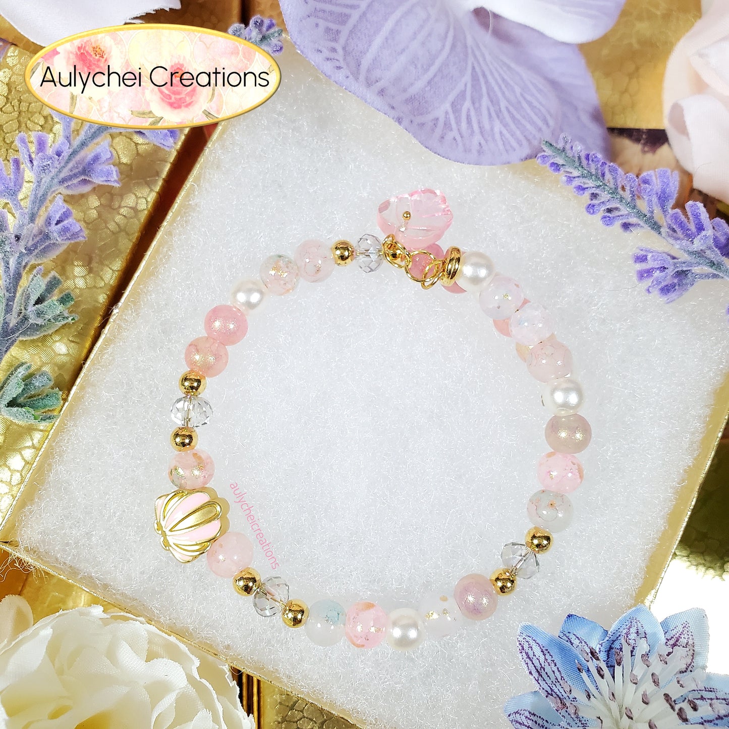 Baby Pink Glass Beaded Enamel Seashell Wrap Bracelet