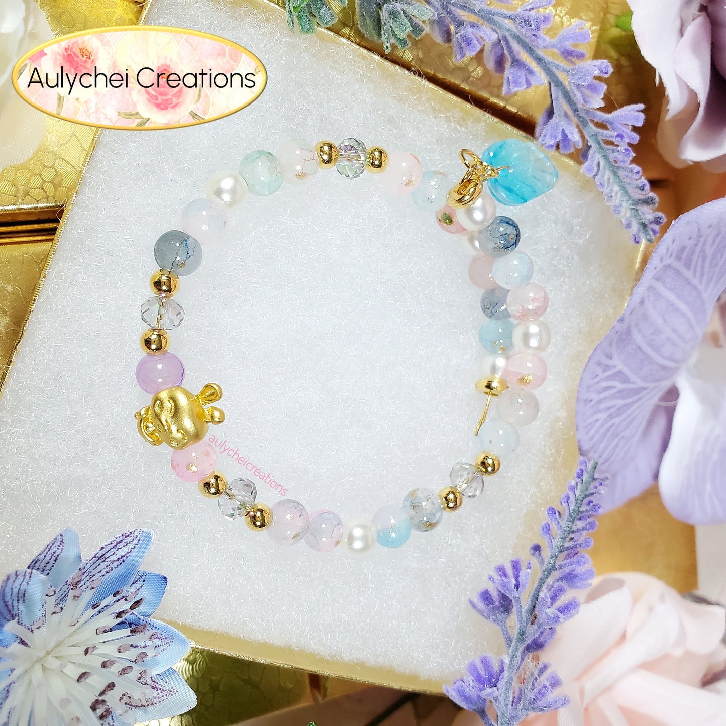 Blue Glass Beaded Enamel Rabbit Wrap Bracelet