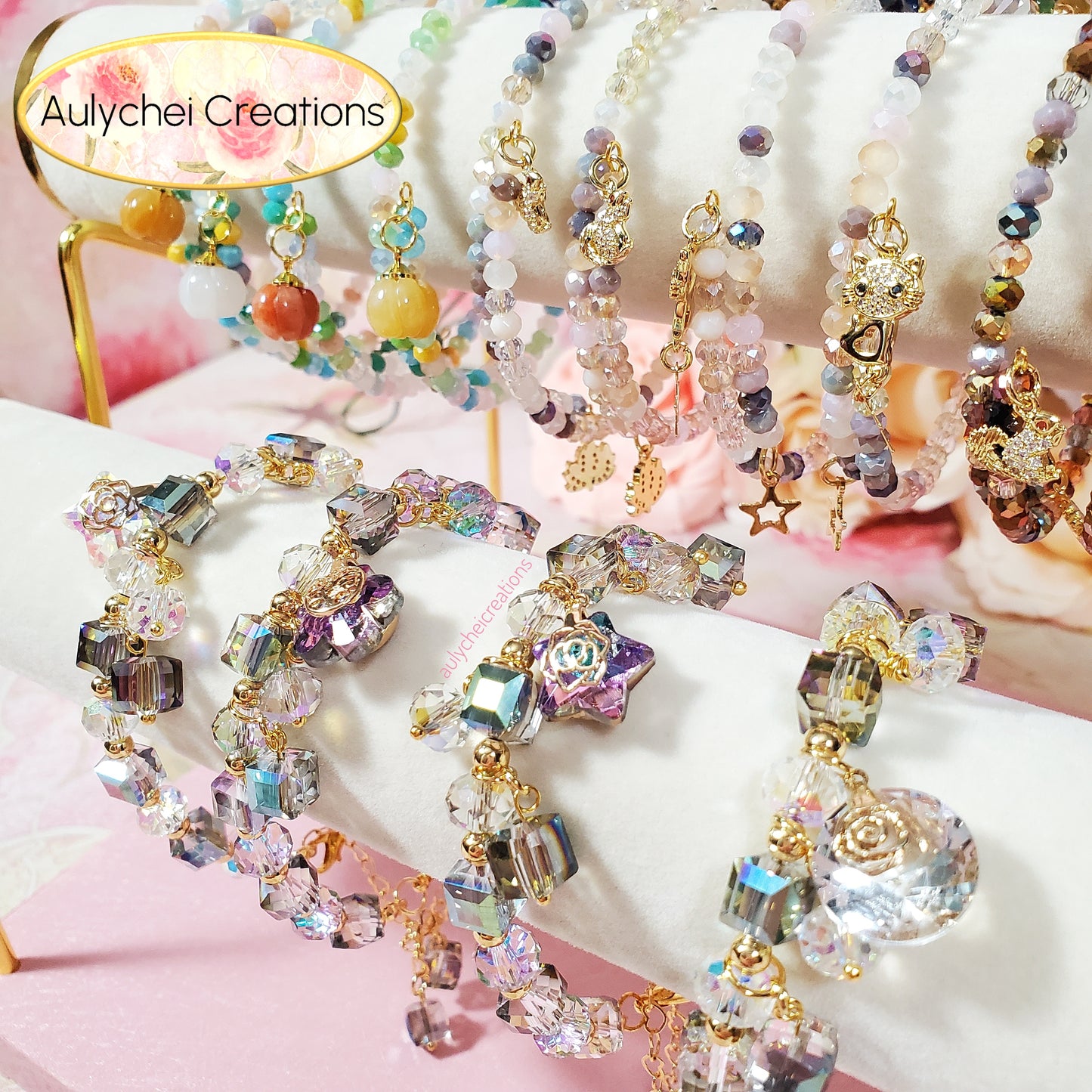 Multi-Colored Cube Crystal Beaded Oval Charm Bracelet with Clasp