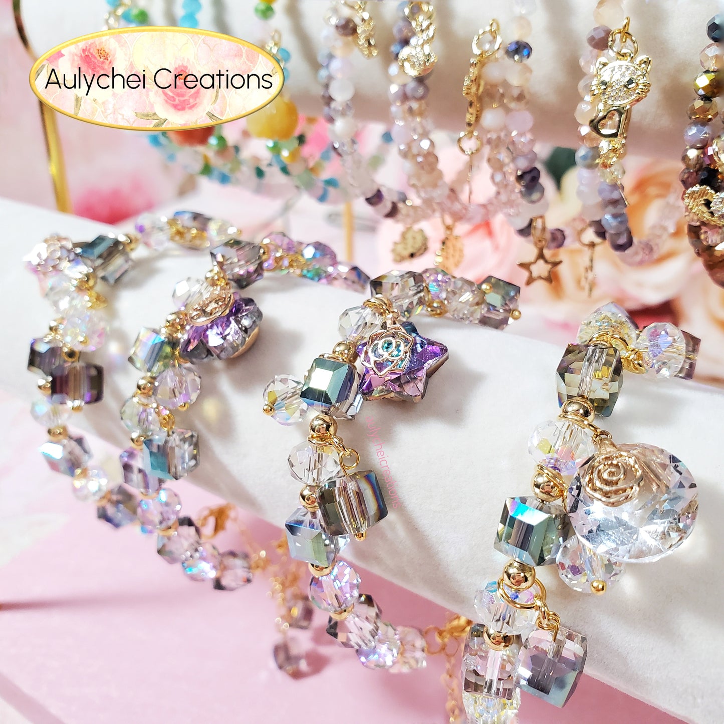 Multi-Colored Cube Crystal Beaded Oval Charm Bracelet with Clasp